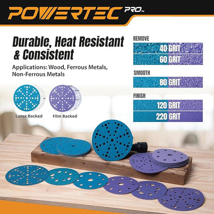 POWERTEC PRO 50PK, 6 Inch 49 Holes Hook and Loop Sanding Disc, 120 Grit, Ceramic Hook and Loop Backing Discs for Festool Random Orbital Sanders - Automotive, Paint, Metal, Woodworking (46112C-50)