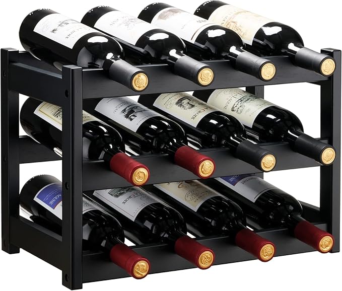 VASMIA Bamboo Wine Rack, Sturdy and Durable Wine Storage Cabinet Shelf, Wine Racks Countertop for Pantry,Kitchen,3-Tier 12 Bottles Wine Rack Black
