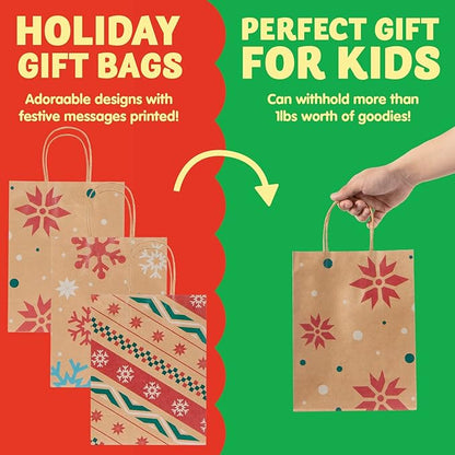 JOYIN 24 Christmas Kraft Gift Bags for Classrooms and Party Favors, Holiday Goody Gift Bags for Xmas Present Wrapping, Christmas Decorations, Party Supplies Decor (10.2" x 4.2" x 6.3 ")