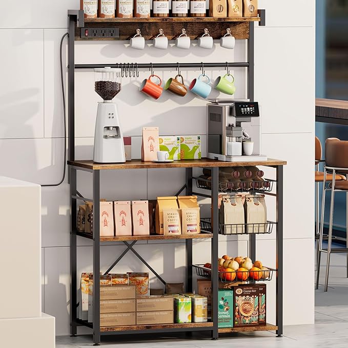 Large Bakers Rack with Power Outlets 38.8 Inches, 15 Hooks Coffee Bar with 3 Wire Basket, Microwave Stand Kitchen Storage Shelf for Spices, Cups, Pots, 38.8 x 16.3 x 62.2 in, Rustic Brown