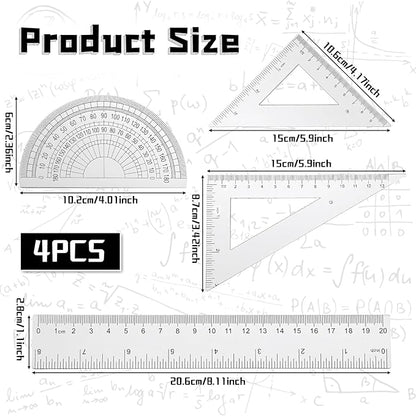 4 Pcs Transparent Plastic Ruler Kit, Math Geometry Set with 8 Inch Straight Ruler, Triangle Rulers, Protractor, Clear Measuring Tools for Office and Drafting