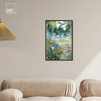 Art Remedy Green Moss Monet Garden Green Abstract Canvas Wall Art, Black Floater Frame, 16"x24"