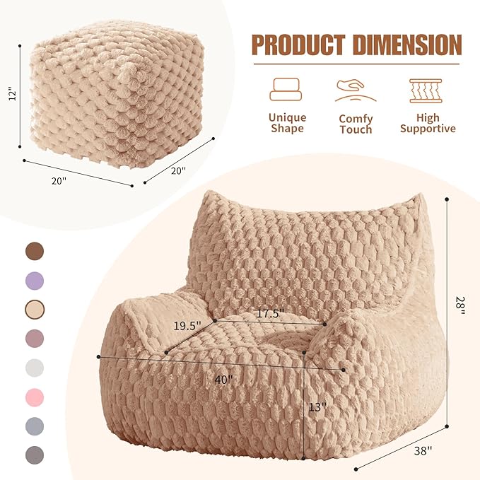 Bean Bag Chair with Ottoman - Modern Comfy Beanbag Sofa with Footrest, Soft Faux Fur Lounger Chair for Adults Teens, Cozy Memory Foam Filled Gaming Reading Chairs for Bedroom, Living Room (Camel)