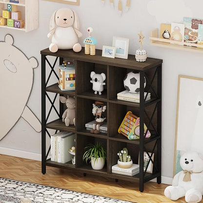 FATORRI 9 Cube Storage Bookshelf, Modern 4 Shelf Book Shelf, Wood and Metal Cubby Bookcase for Home Office (39.38 Inch W, Walnut Brown)