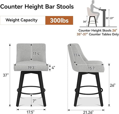 Counter Height Bar Stools Set of 6, Modern Swivel Barstools with Back and Wood Legs, Linen Fabric Upholstered Bar Chairs, 26" H Kitchen Counter Stools, Kitchen Island Home Bar, Light Grey