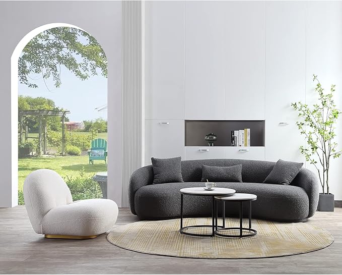 Acanva Mid Century Modern Curved Living Room Sofa, 4-Seat Boucle Fabric Couch for Bedroom, Office, Apartment, Grey