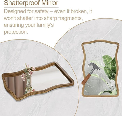 ULIKE Wavy Wall Mirror for Bathroom, 24x36 Wood Frame Mirror for Over Sink, Rustic Wall Mirrors Decorative and Vanity Mirrors for Bedroom Living Room Entryway, Brown