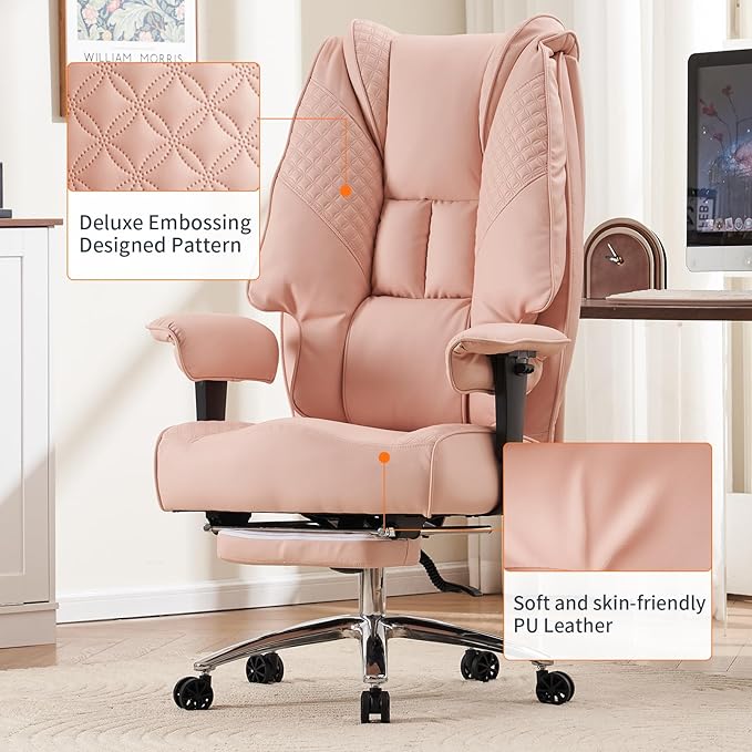 Big and Tall Office Chair 400lbs Wide Seat, Leather High Back Executive Office Chair with Foot Rest, Ergonomic Chairs Lumbar Support for Lower Back Pain Relief (Light Pink)