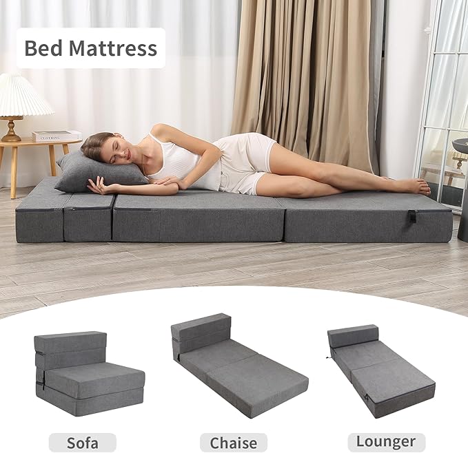 Folding Sofa Bed, High-Density Memory Foam Sofa Bed with a Fluffy Pillow, Floor Couch Guest Bed, Single Size, Dark Grey