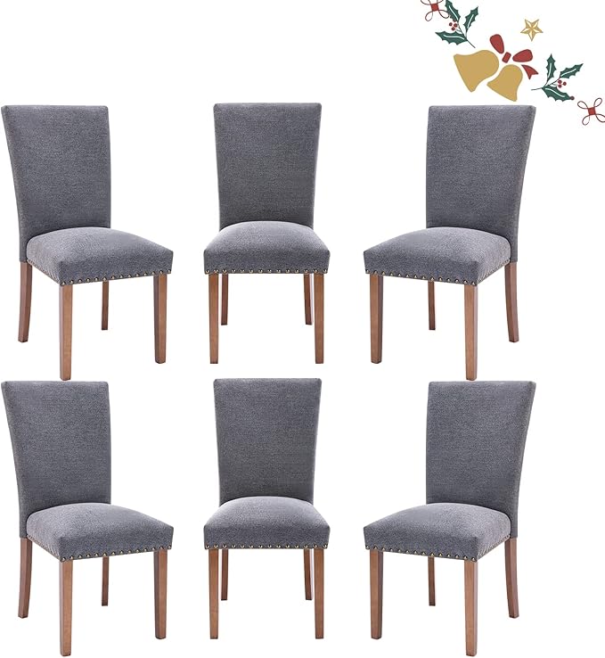 Parsons Dining Chairs Set of 6, Upholstered Nailhead Dining Room Kitchen Side Chair with Thick Cushions and Wood Legs, Dark Grey