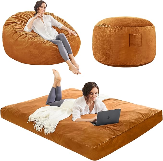 Bean Bag Chairs for Adults - Giant Bean Bag Chair Convertible Bean Bag Bed - Beanbag Chair with Micro Fiber Cover/Furniture Foam Filler - Floor Couch Sofa in Bedroom Dorm Room - Full Golden Brown