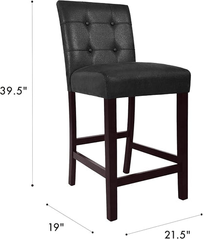 HomePop 24" Upholstered Button Tufted Leatherette Counter Height Barstool Chairs, Matt Black Faux Leather (Set of 2)