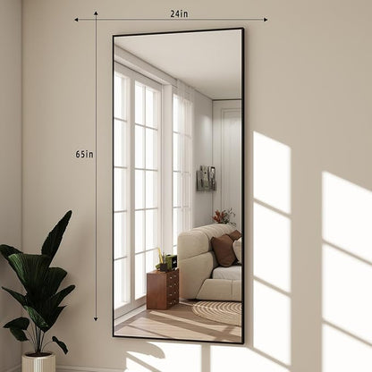 BEAUTYPEAK Full Length Mirror with Stand, 65"x24" Floor Mirror with Aluminum Alloy Thin Frame, ShatterVue Tempered Full Body Mirrors, Free Standing or Wall-Mounted Mirrors for Living Room, Black