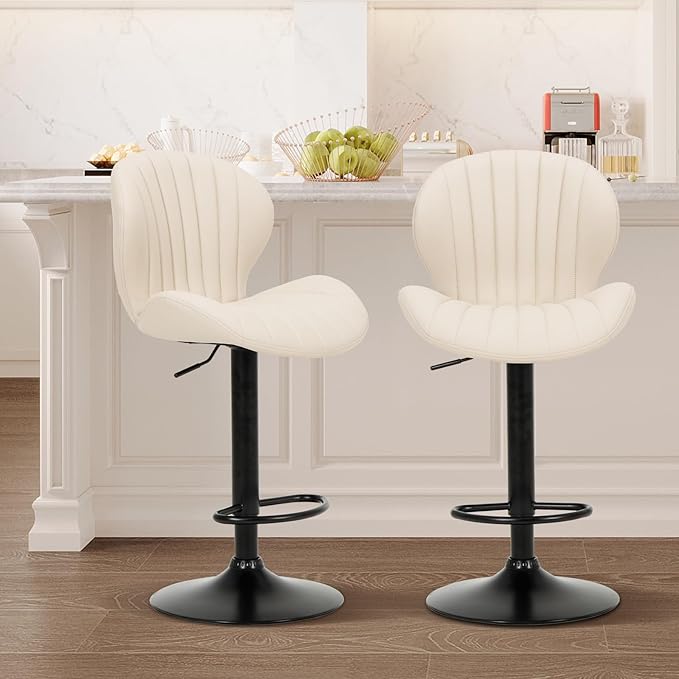 COLAMY Bar Stools Set of 2, Modern Swivel Bar Chairs, Adjustable Faux Leather Upholstered Barstools Counter Height with High Backrest for Bar, Kitchen Island, Dining Room, Beige
