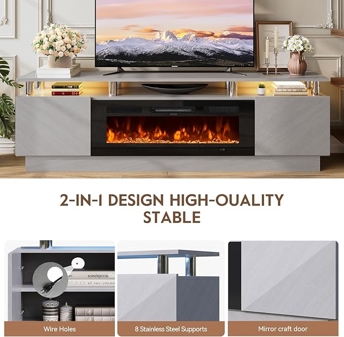 70" TV Stand for Living Room, Entertainment Center with Storage Cabinet, Fits TVs up to 80", Modern Media Console with Shelves, 36" Electric Fireplace (Grey+Black)