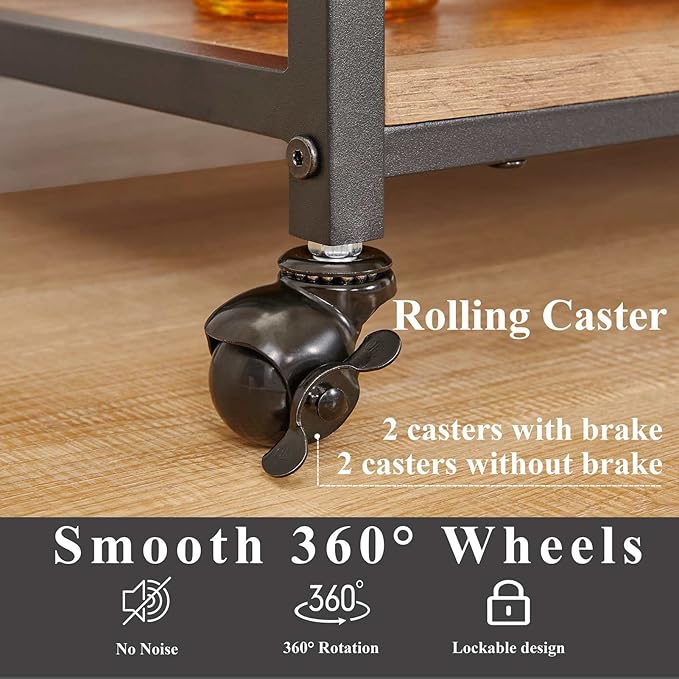 FATORRI Bar Cart for The Home, Rolling Wine Carts on Wheels with 3 Tier Wood Shelves, Liquor Beverage Cart with Wine Rack and Glass Holder (Rustic Oak)