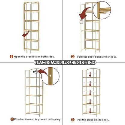 Crofy No Assembly Folding Bookshelf for Living Room, 5 Tier Gold Collapsible Book Shelf for Home Office, Portable Bookcase Storage Organizer
