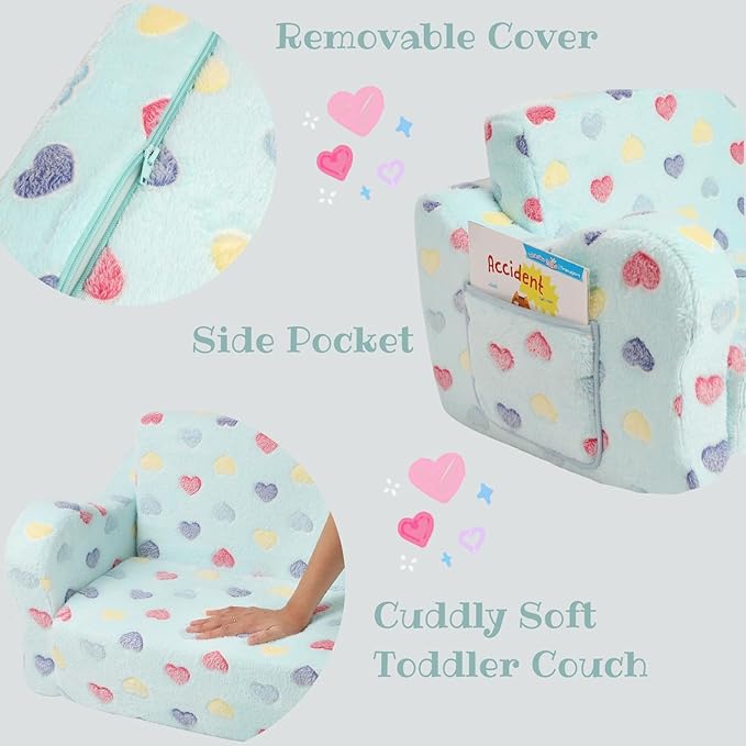 Toddler Couch, 2-in-1 Toddler Soft Couch Fold Out with Star Pillow, Convertible Sofa to Lounger for Girls and Boys, 1-Seat