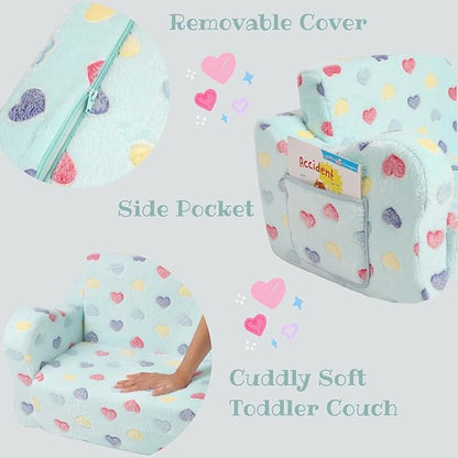 Toddler Couch, 2-in-1 Toddler Soft Couch Fold Out with Star Pillow, Convertible Sofa to Lounger for Girls and Boys, 1-Seat