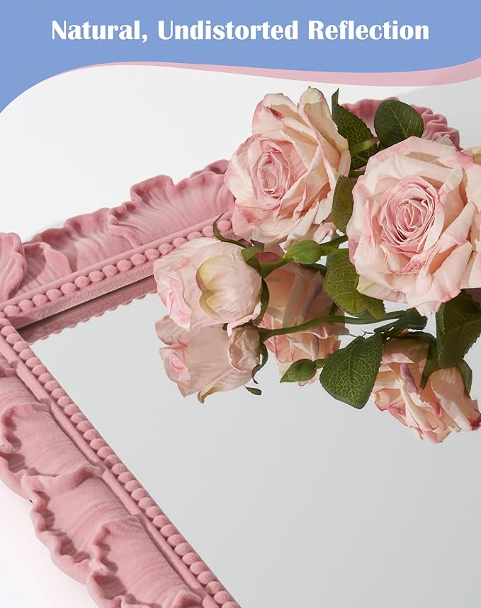 Cute Makeup Mirror Decor for Girl Bedroom Nursery Dorm Playroom, 9.8x7.7 Resin Framed Wall Mirror for Bathroom Hallway Living Room, Gift for Mother's Day Valentine's Day Wedding (Soft Pink)