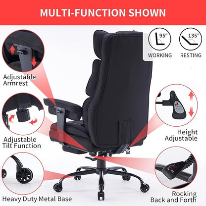Efomao Big and Tall Office Chair 400 lb Weight Capacity, High Back Executive Office Chair with Foot Rest, Fabric Computer Chair for Back Pain Relief, Black