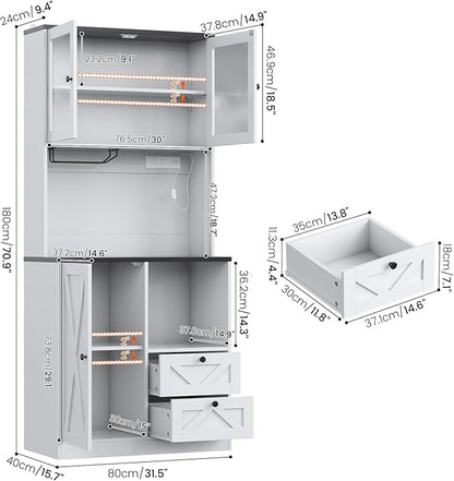 71" Tall Coffee Bar Cabinet with Storage Hutch, Farmhouse Kitchen Pantry Cabinet with LED Lights Microwave Stand and Glass Holder for Home Dining Room Kitchen,White