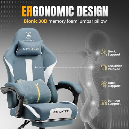 GTRACING Gaming Chair with Foot Rest & Pocket Spring Cushion, Breathable Fabric for Home Office Desk, Ergonomic High Back Computer Chair with Headrest & Lumbar Support, Blue