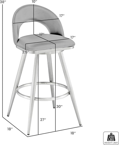 Armen Living Charlotte Swivel Bar Stool in Brushed Stainless Steel with White Faux Leather