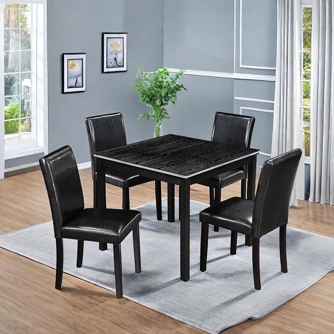 Dining Table Sets, 5-Piece Kitchen Table & Chair Sets with Square Crystal Decoration Table & 4 PU Upholstered Chairs,Wooden Dining Table Set for Dining Room,Black