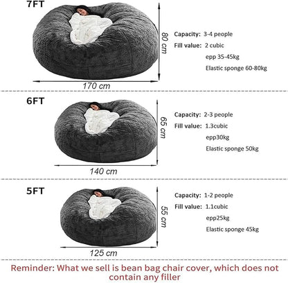 BCU 6FT Bean Bag Chair for Adults and Kids Without Filler Giant Stuffed Animal Storage Cover Soft Faux Fur Floor Chair Cover Patterns Embroidered for Bedroom Living Room, Black