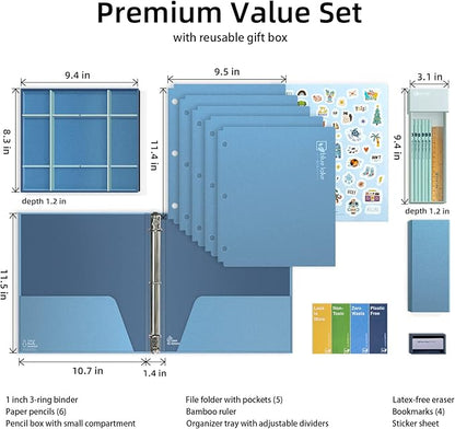 Blue Lake 3-Ring Binder School Offiice Supplies Kit Bundle Plastic Free 22 Piece Binder, Folders, Pencils, Pencil Box Organizer Tray, Gifts for K-12, College Students, and Office