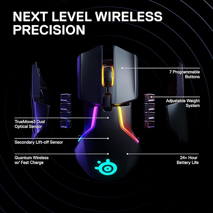 SteelSeries Rival 650 Quantum Wireless Gaming Mouse - Rapid Charging, 12,000 Cpi Dual Sensor, 256 Weight Configs, 8 Zone RGB Lighting