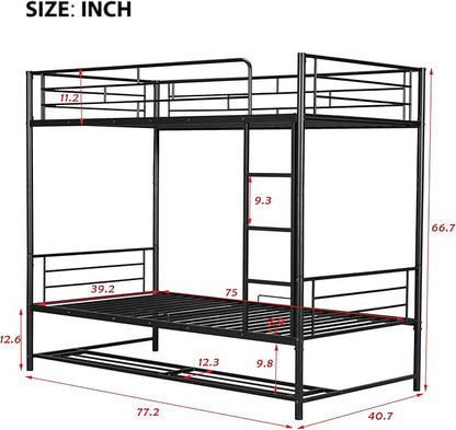Twin Over Twin Metal Bunk Bed with Shelf and Guardrails, Heavy-Duty Steel Bed Frame,Built-in Ladder,Can Be Divided into 2 Separate Beds,for Kids Teens Adults,Black