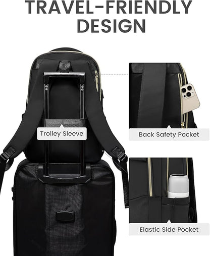 LOVEVOOK Laptop Backpack for Women, Black Business Travel Backpacks with USB Port, Water Resistant Work Teacher Computer Bag, Stylish Daypack, Fits 15.6" Laptop