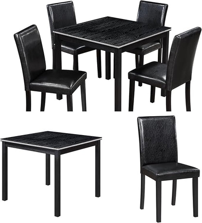 Dining Table Sets, 5-Piece Kitchen Table & Chair Sets with Square Crystal Decoration Table & 4 PU Upholstered Chairs,Wooden Dining Table Set for Dining Room,Black