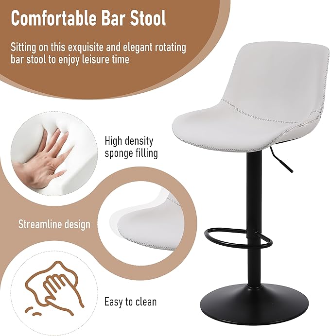 Bar Stools, Swivel Counter Height Barstools with Back, Adjustable Modern Bar Chairs, Tall Armless PU Leather Kitchen Island Stool (White, Set of 2)