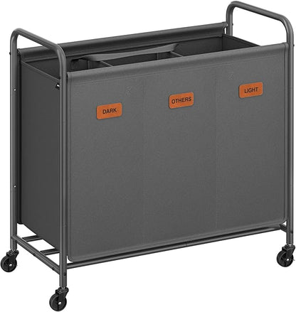 SONGMICS 3-Section Laundry Sorter, Laundry Hamper with Wheels, Rolling Clothes Hamper Cart with Large Capacity and Removable Bags, for Laundry Room, Bedroom, Bathroom, Slate Gray URLS330G01