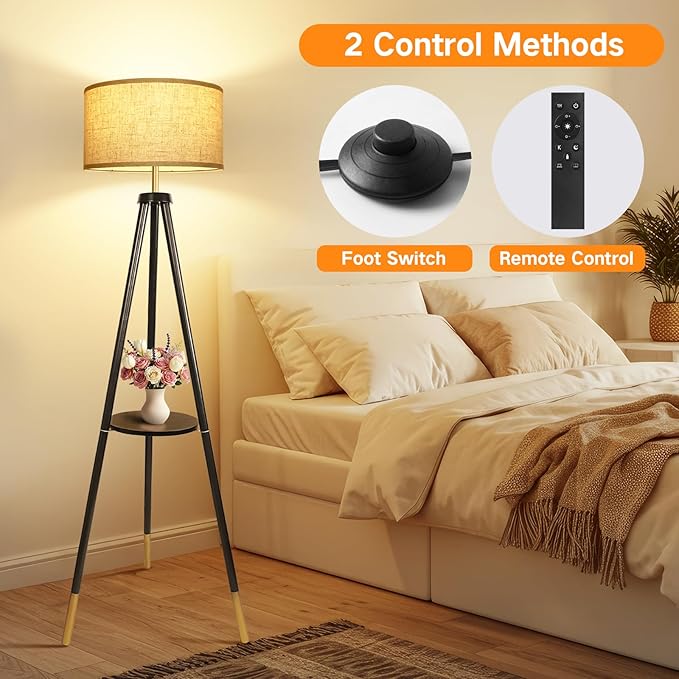 OUTON Wood Tripod Floor Lamp with Shelves, Mid Century Floor Lamp with Remote Control, 4 Color Temperature, LED Modern Dimmable Standing Lamp for Living Room, Bedroom, Office, Black & Gold