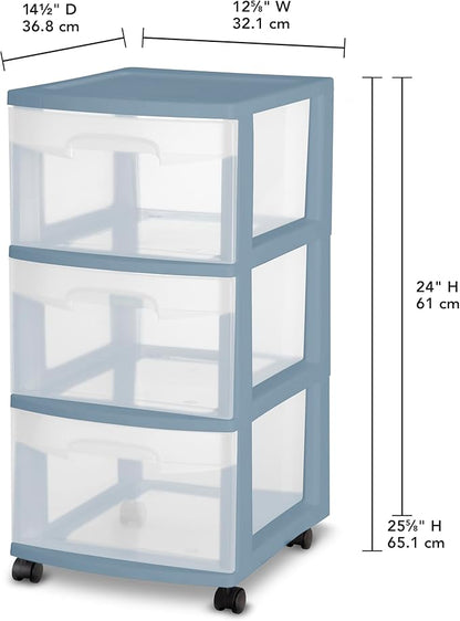 Sterilite 3 Drawer Storage Cart, Plastic Rolling Cart with Wheels Organize Clothes in Bedroom Closet, Easy Assembly, Blue with Clear Drawers, 2-Pack