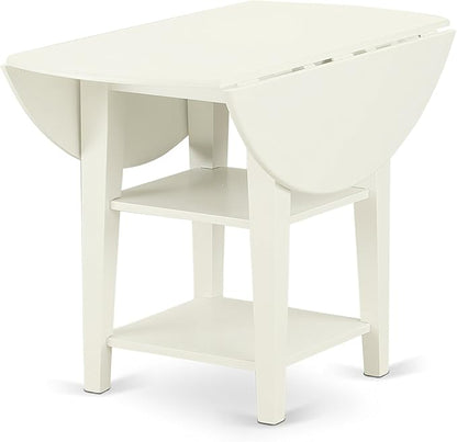East West Furniture SUDA3-LWH-W 3 Piece Dining Room Table Set Contains a Round Dining Table with Dropleaf & Shelves and 2 Wood Seat Chairs, 42x42 Inch, Linen White