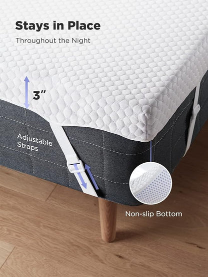 PERLECARE 3 Inch Gel Memory Foam Mattress Topper for Pressure Relief, Premium Soft Cooling Sleep, Non-Slip Design with Removable & Washable Cover, CertiPUR-US Certified - Queen