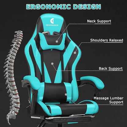 Gaming Chair with Linkage Armrest & Footrest, High Back Video Gaming Chair, Black/Light Blue
