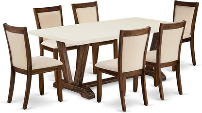 East West Furniture V727MZN32-7 7 Piece Dining Table Set Consist of a Rectangle Kitchen Table with V-Legs and 6 Light Beige Linen Fabric Parson Dining Chairs, 40x72 Inch, Multi-Color