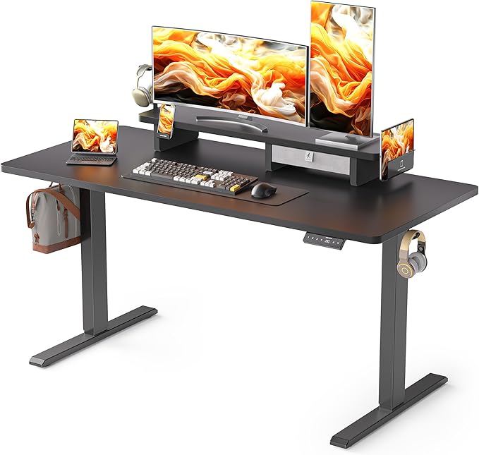 55x24 Inches Electric Standing Desk With Drawer and Monitor Stand, Height Adjustable for Home Office, Ergonomic Sit to Stand With Phone Holder, 3 Hooks, Black