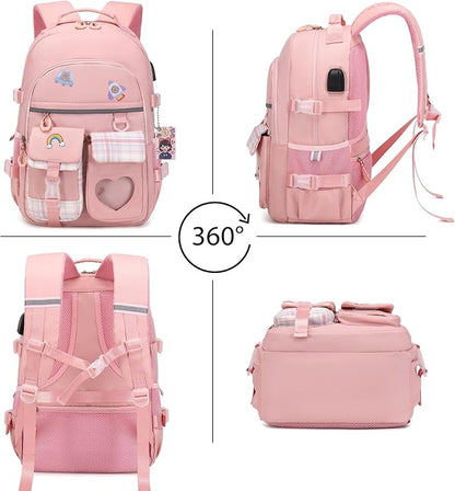 Backpack for Girls - Bookbag Backpacks Schoolbag for Girls Kids Teen Women Casual Travel Daypacks - School Bag Elementary Middle School College Cute Backpack with Lunch Box (Pink)