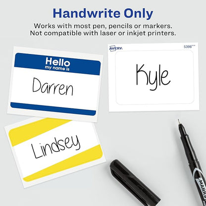 Avery Customizable Name Tags, Hello My Name is, 2-1/3" x 3-3/8", White, Blue Border, Removable Adhesive, Non-Printable, 25 Total (6175)