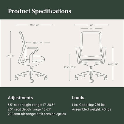 Branch Verve Chair - High Performance Executive Office Chair with Contoured Seat Back and Adjustable Lumbar Rest - High Density Foam Cushion with Aluminum Base - Up to 275 lbs - Mist