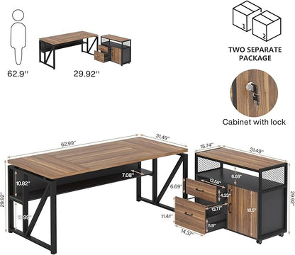 Tribesigns 63" L Shaped Desk with Drawer Cabinet, Executive Computer Desk and lateral File Cabinet, 2 Piece Home Office Furniture with Drawers for Hanging File, Doors with Locks (Brown, 63 inches)