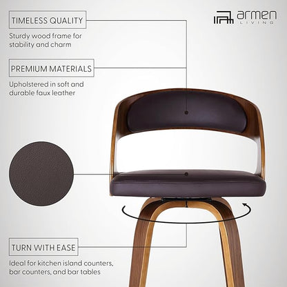 Armen Living Shelly 26" Counter Height Swivel Brown Faux Leather and Walnut Wood Bar Stool - Set of 2
