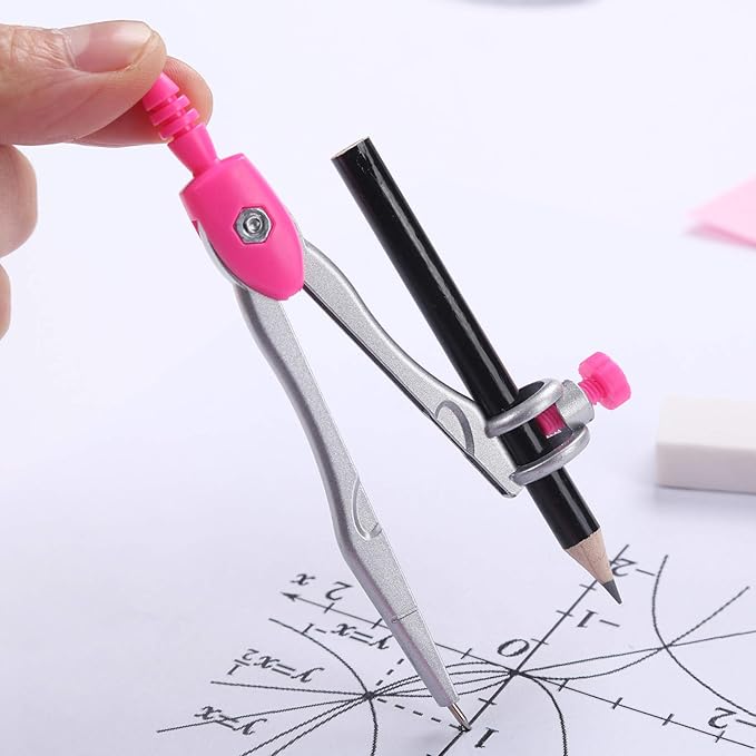 10 Pieces Math Geometry Kit Set Student Supplies with Shatterproof Storage Box,Includes Rulers,Protractor,Compass,Eraser,Pencil Sharpener,Lead Refills,Pencil,for School and Drawings（Pink）